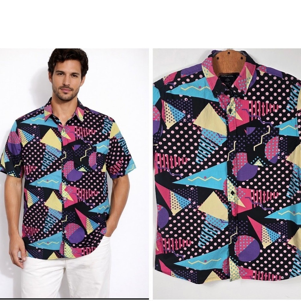 Massive Button Down Men L Multicolor Geometric 80s Retro Memphis Pattern Shirt